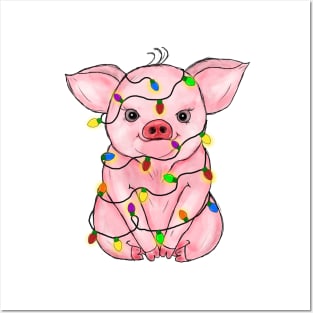 cute pink pig christmas lights Posters and Art